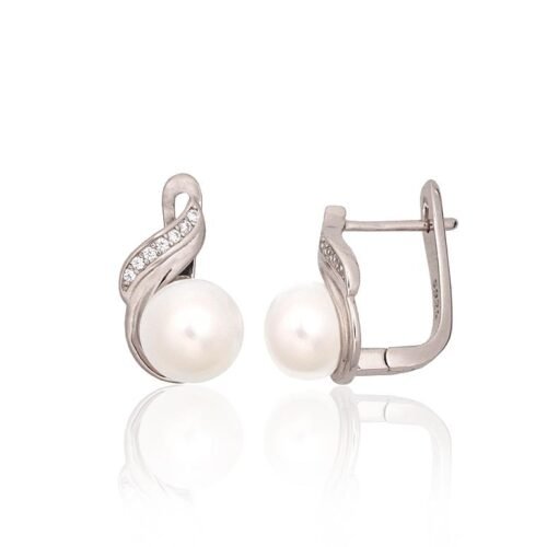 Silver earrings with 'english' lock with Zirkons , Fresh-water Pearl