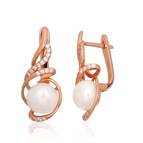 Silver earrings with 'english' lock with Zirkons , Fresh-water Pearl