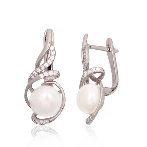 Silver earrings with 'english' lock with Zirkons , Fresh-water Pearl