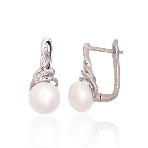 Silver earrings with 'english' lock with Zirkons , Fresh-water Pearl