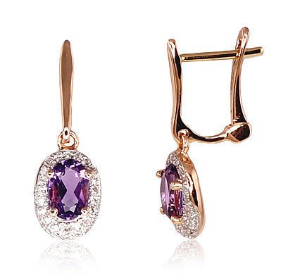 Gold earrings with 'english' lock with Diamonds , Amethyst