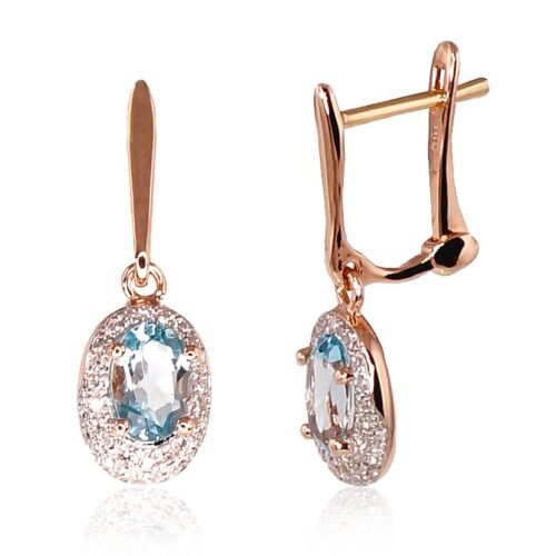 Gold earrings with 'english' lock with Diamonds , Sky Blue Topaz