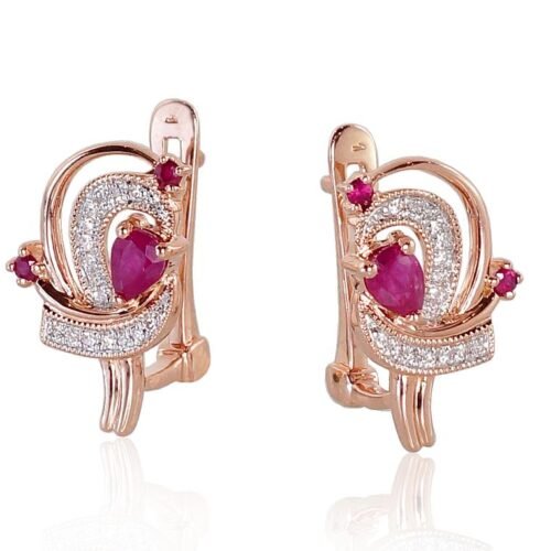 Alternative view of Gold earrings with 'english' lock with Diamonds , Ruby
