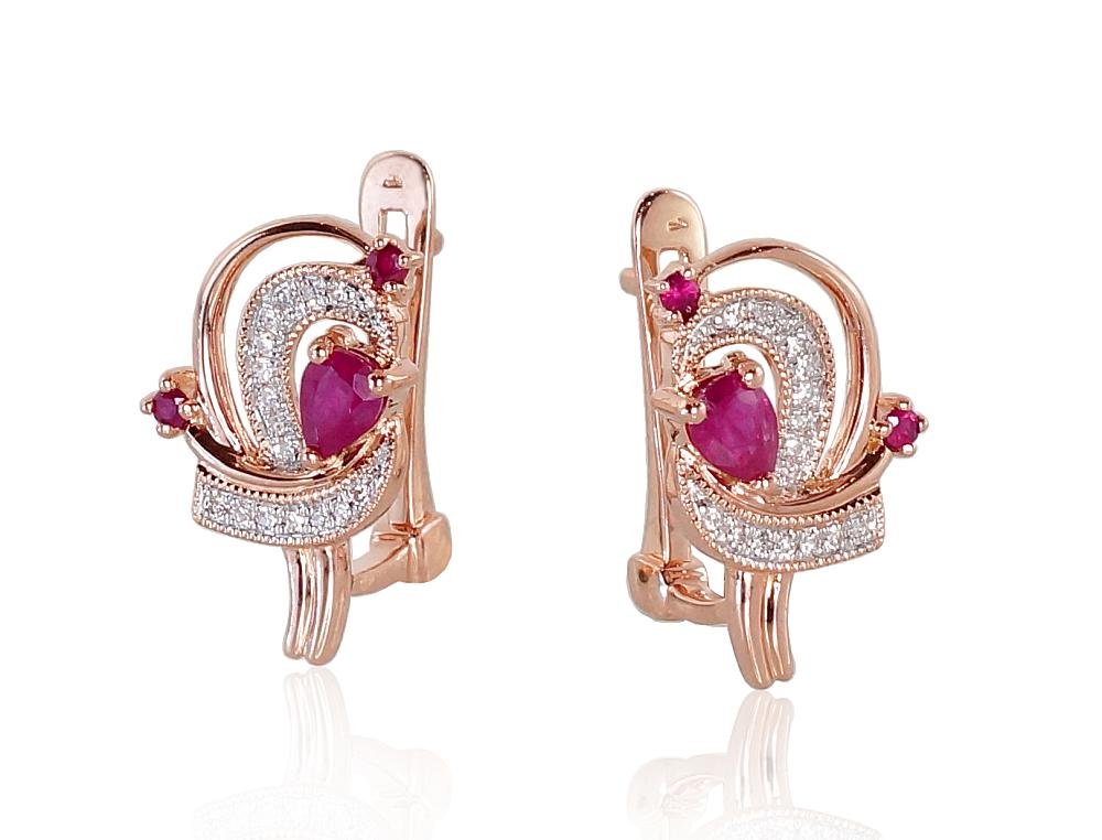 Gold earrings with 'english' lock with Diamonds , Ruby - Image 2