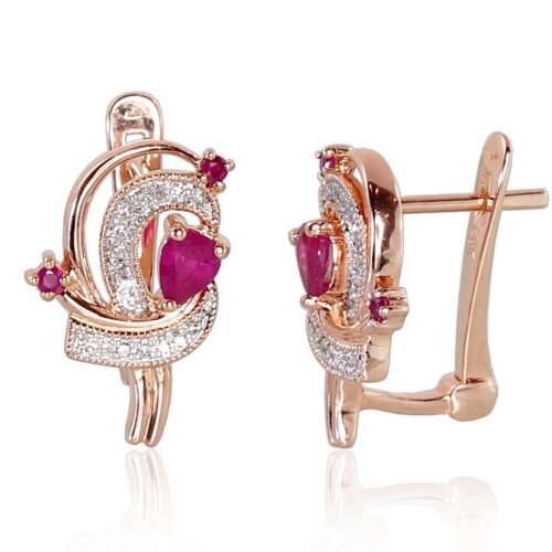 Gold earrings with 'english' lock with Diamonds , Ruby