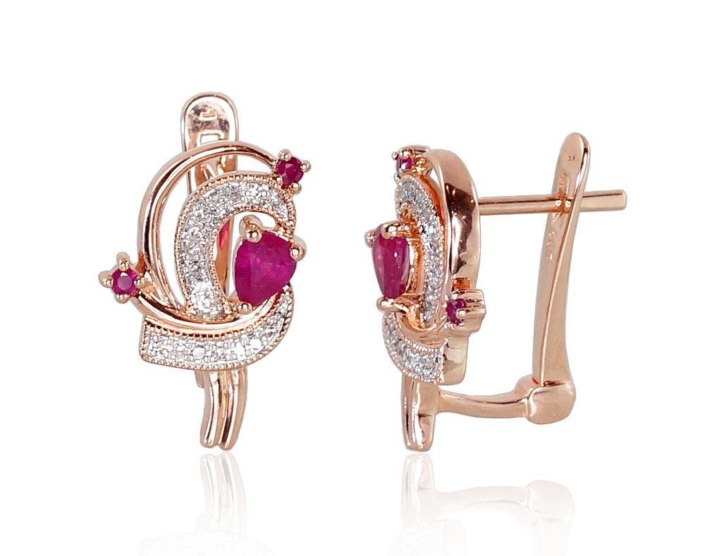 Gold earrings with 'english' lock with Diamonds , Ruby