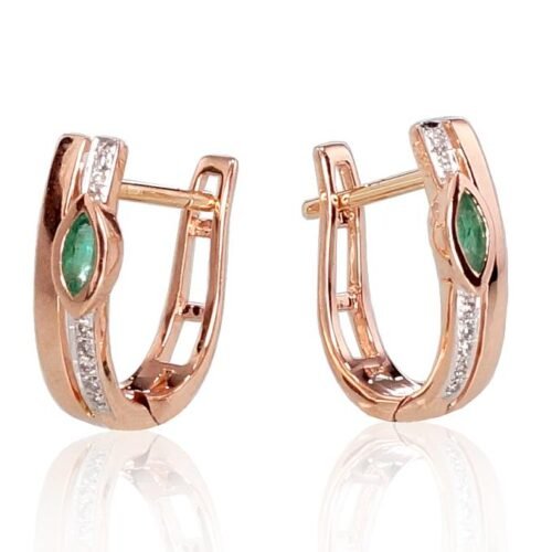 Alternative view of Gold earrings with 'english' lock with Diamonds , Emerald