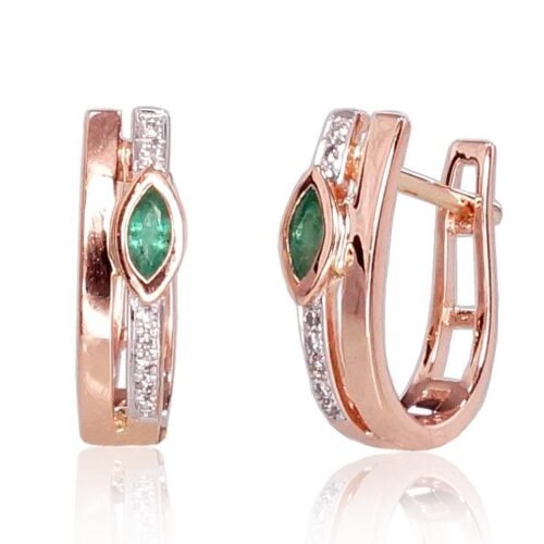 Gold earrings with 'english' lock with Diamonds , Emerald