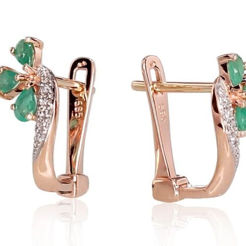 Alternative view of Gold earrings with 'english' lock with Diamonds , Emerald