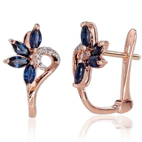 Gold earrings with 'english' lock with Diamonds , Sapphire