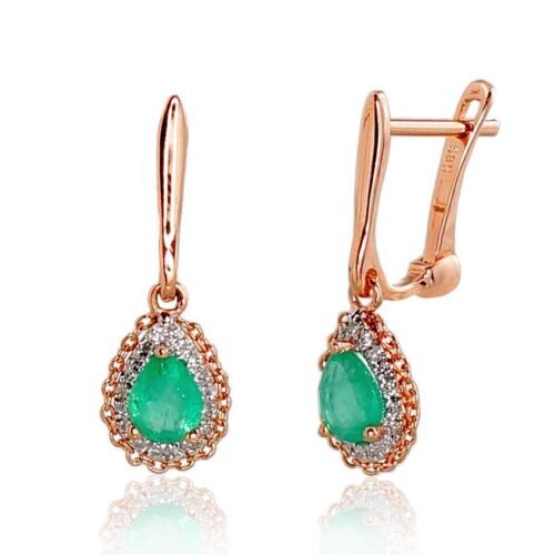 Gold earrings with 'english' lock with Diamonds , Emerald