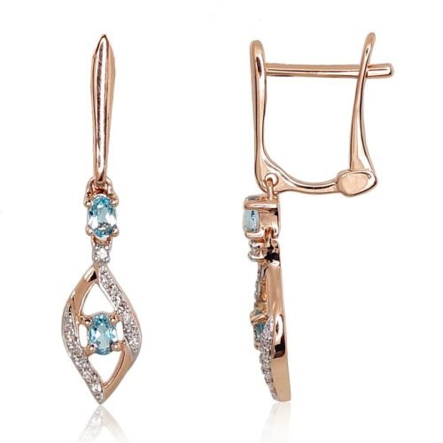 Gold earrings with 'english' lock with Diamonds , Blue Topaz