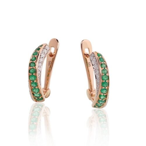 Alternative view of Gold earrings with 'english' lock with Diamonds , Emerald
