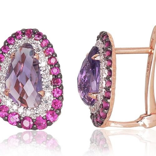 Gold earrings with 'english' lock with Diamonds , Ruby , Amethyst